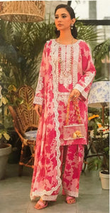 4-Piece Printed Lawn Suit with Chiffon Dupatta & Embroidered Patches