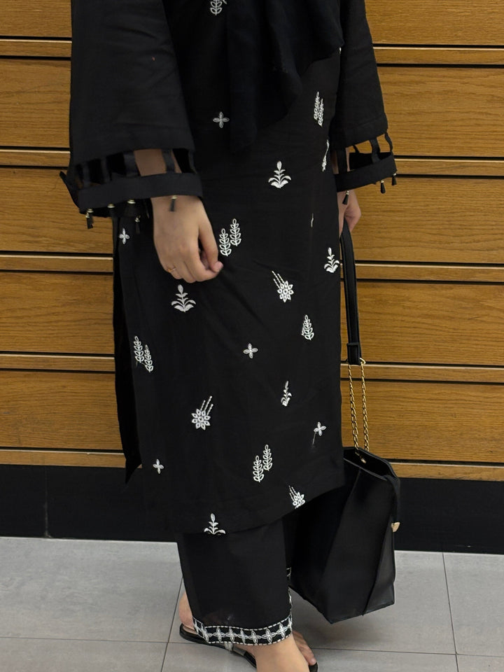 Timeless Black: Embroidered Lawn-Cotton Suit for Everyday Grace