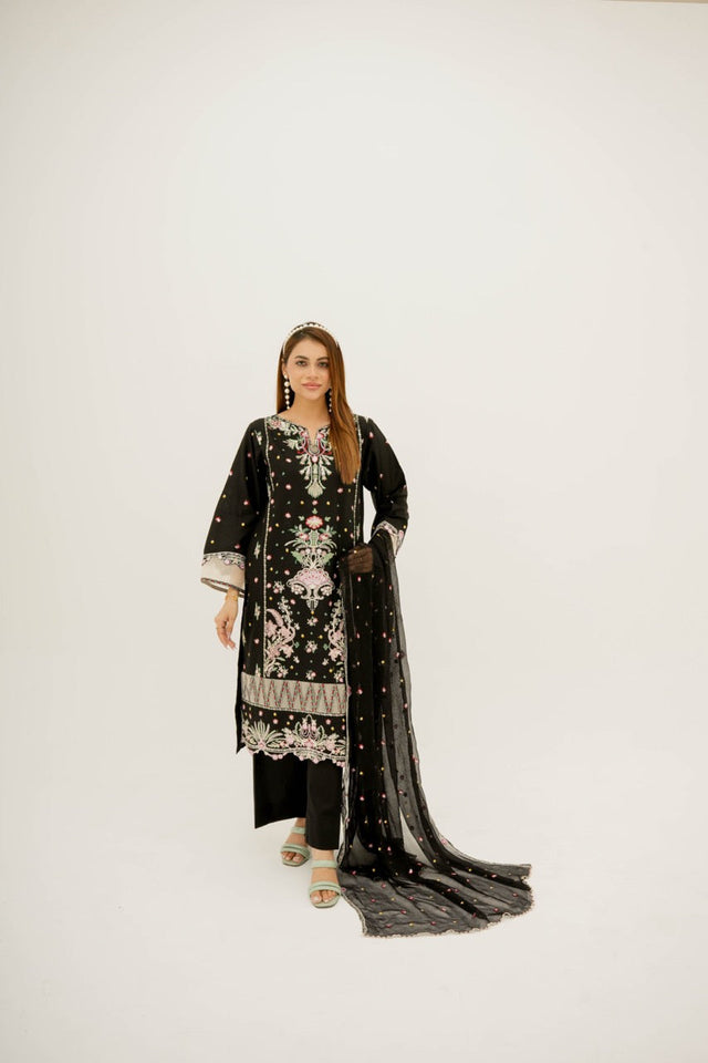 Elaaf Black Embroidered Lawn Suit with Chiffon Dupatta