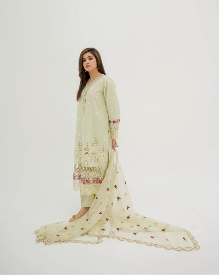 Hania Pistachio Embroidered Cotton Suit with Organza Dupatta