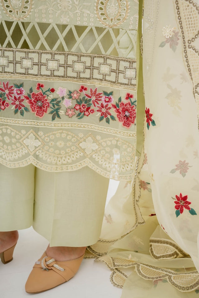 Hania Pistachio Embroidered Cotton Suit with Organza Dupatta