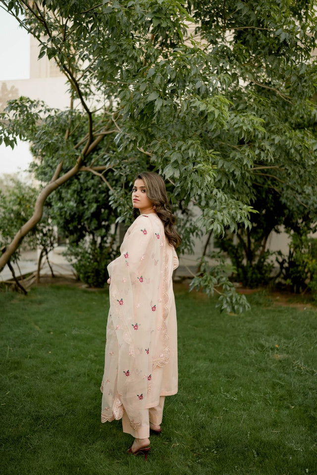 Florin 3-Piece Peach Cotton with Embroidered Organza Dupatta