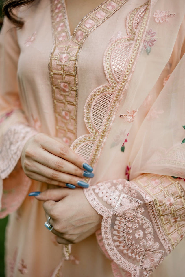 Florin 3-Piece Peach Cotton with Embroidered Organza Dupatta