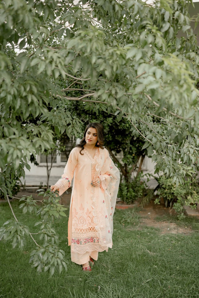 Florin 3-Piece Peach Cotton with Embroidered Organza Dupatta