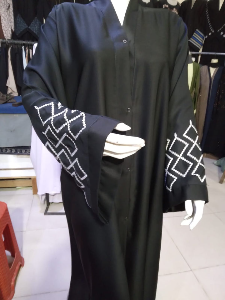 Premium Nida Front-Open Abaya with Karahi Work — Ready to Wear