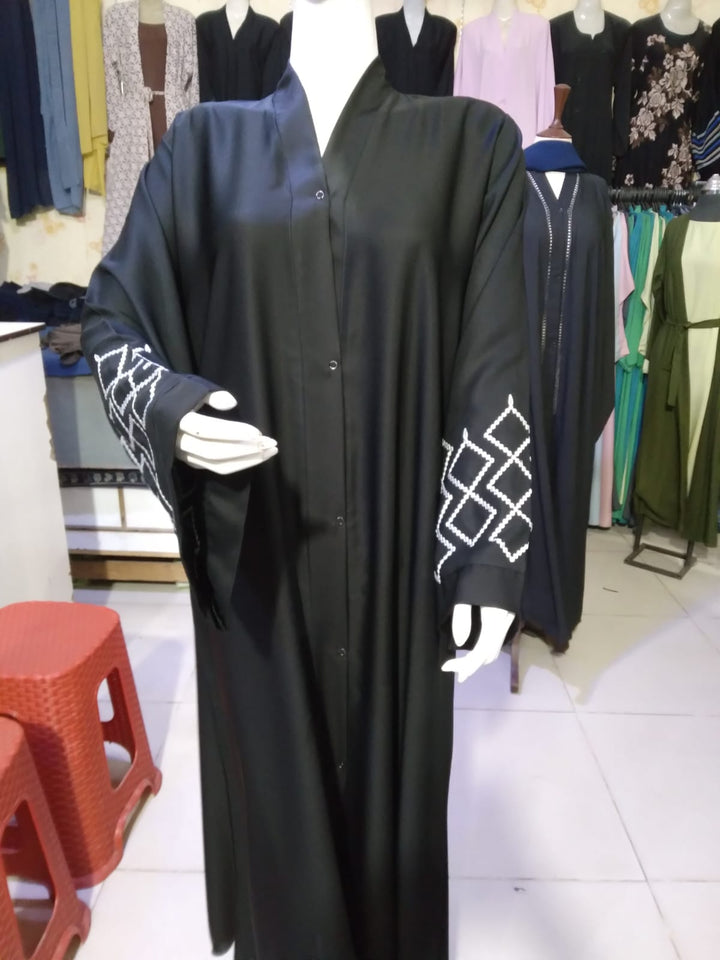 Premium Nida Front-Open Abaya with Karahi Work — Ready to Wear