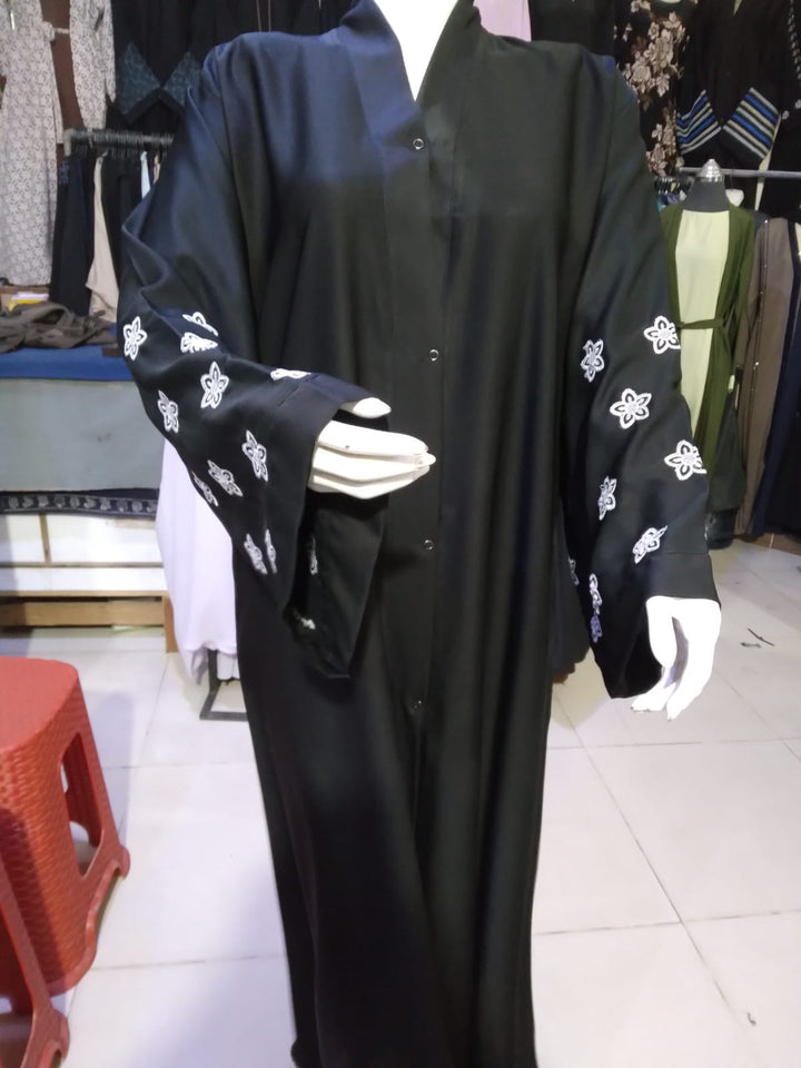 Premium Nida Front-Open Abaya with Karahi Work — Ready to Wear