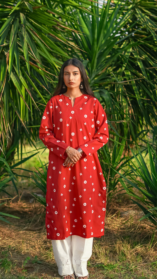 Ayra 2-Piece Red Cotton with White Embroidered Detailing