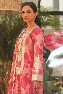 4-Piece Printed Lawn Suit with Chiffon Dupatta & Embroidered Patches